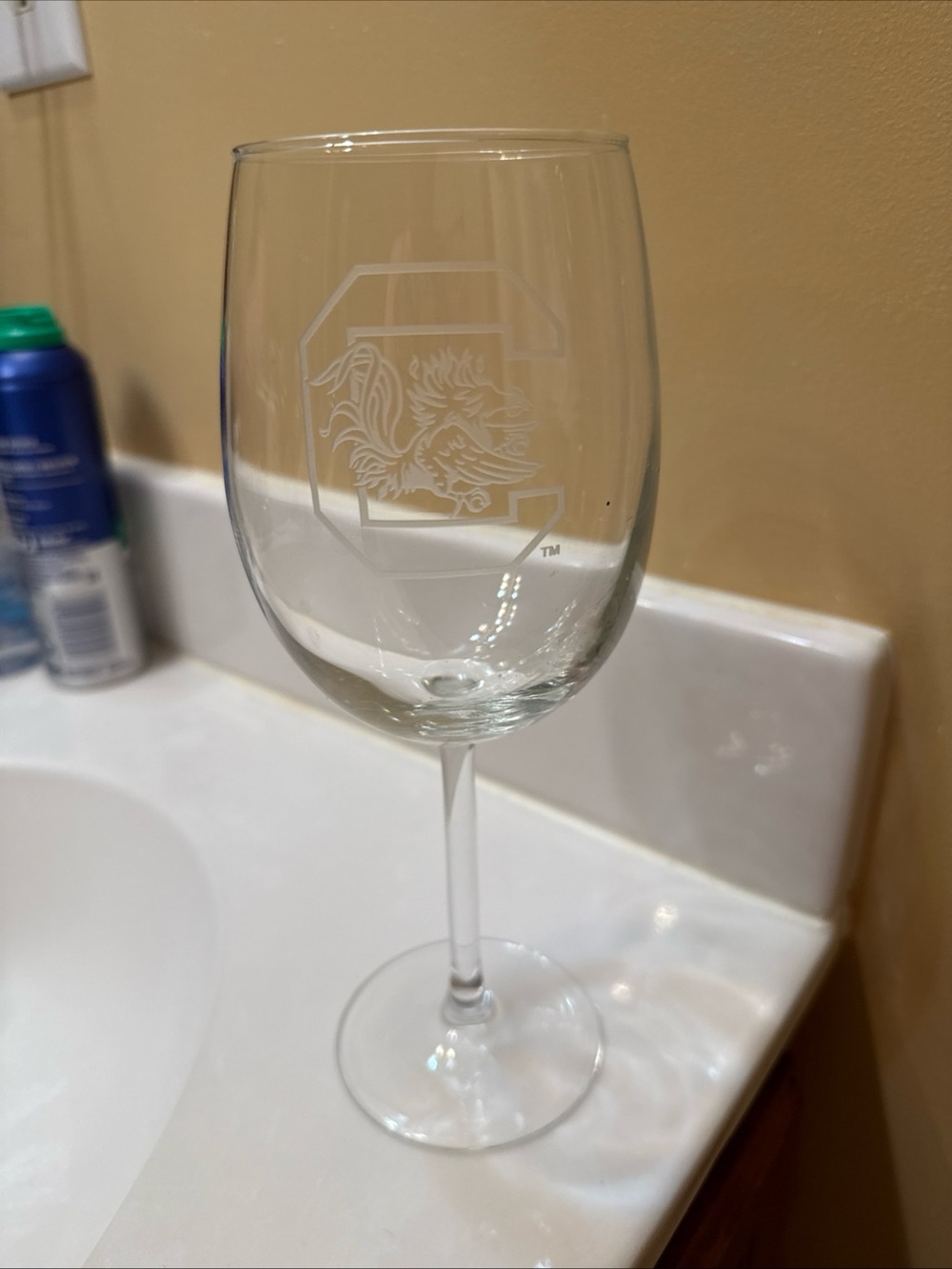 Etched Clear Wine Glass with University of South Carolina crest
